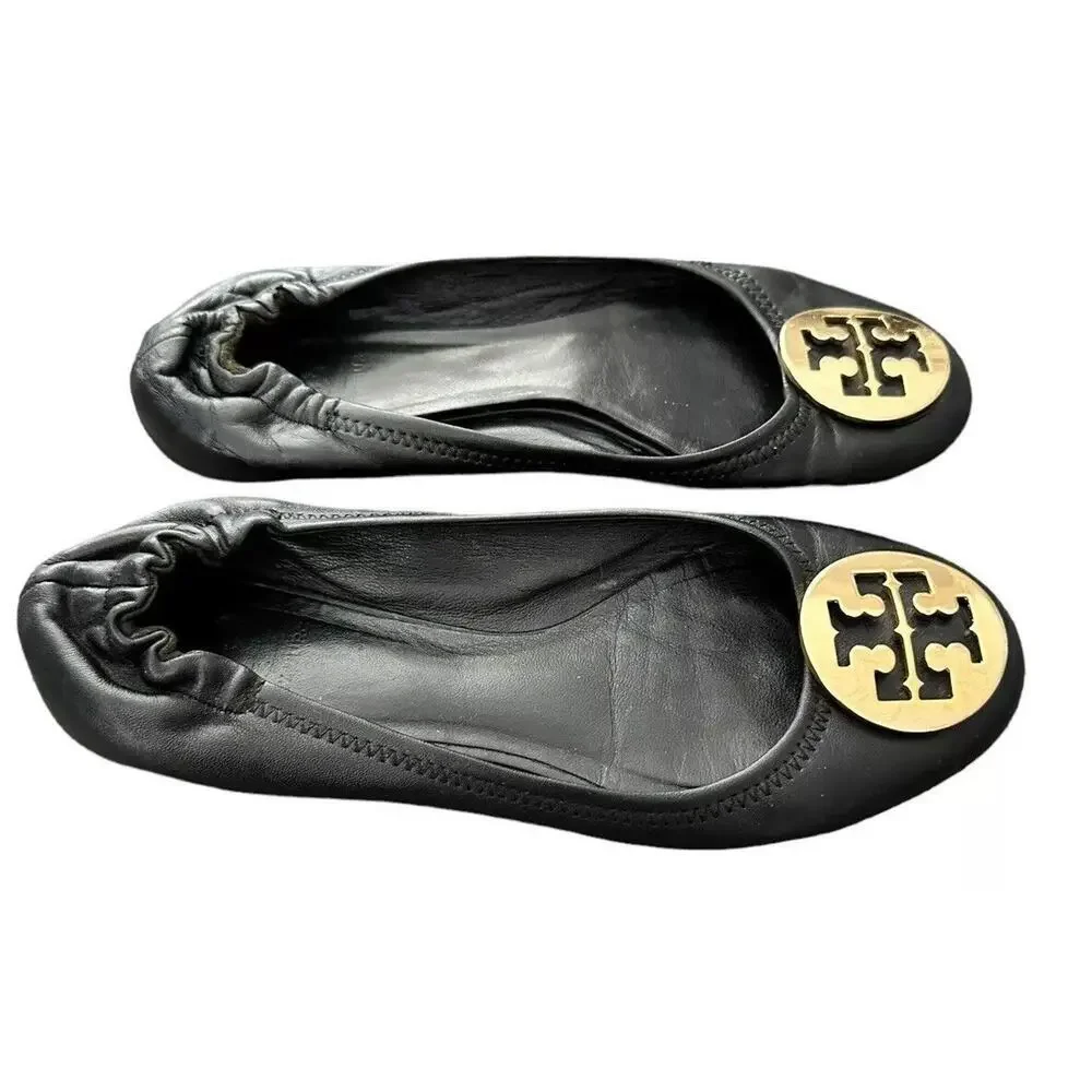 Tory Burch Reva Black Leather Gold Logo Medallion Ballet Flats Size 7 - Picture 2 of 12